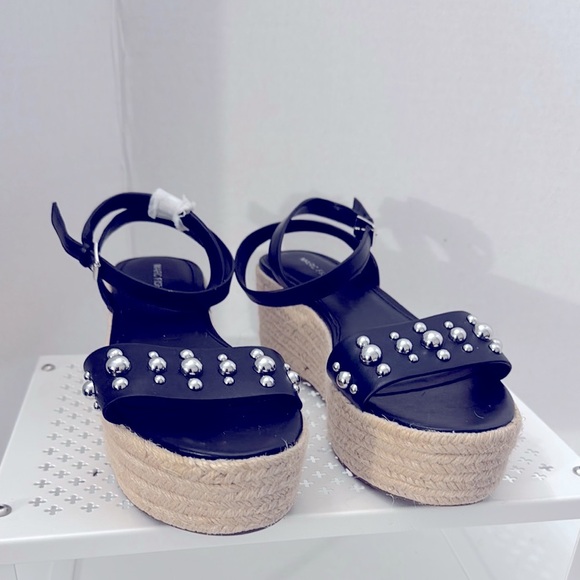 Marc Fisher Shoes - Marco Fisher Black Platform Sandals Size 8.5 Straps Espadrille Wedges Studded